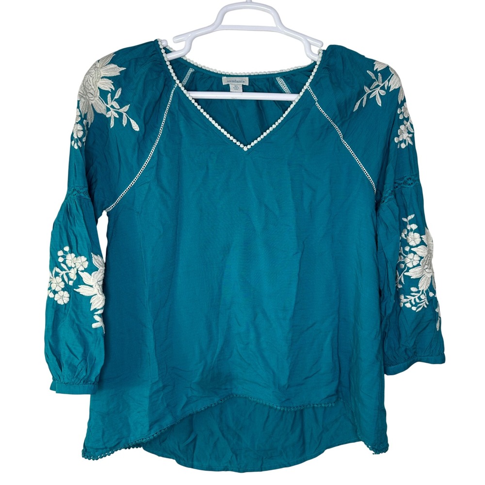 Sundance Naomi Isles Blouse Women's XS Turquoise Blue Embroidered Boho Flowy
